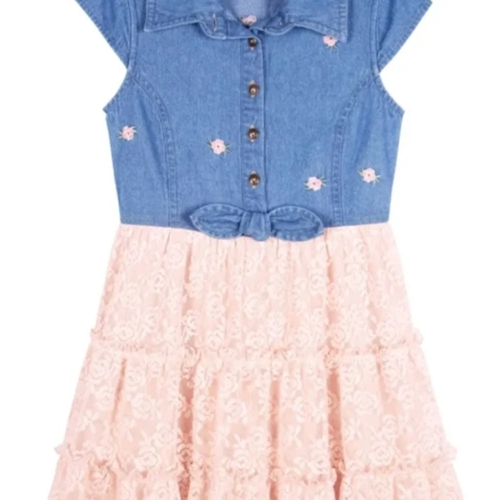 Zunie Blue Denim and Pink Lace Kids Dress - Picture 3 of 5